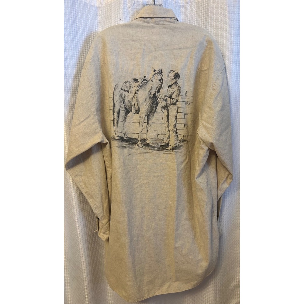 VTG 90s Y2K Roper Border Tan Mens Western Shirt Size 3XT Cowboy & Horse Design